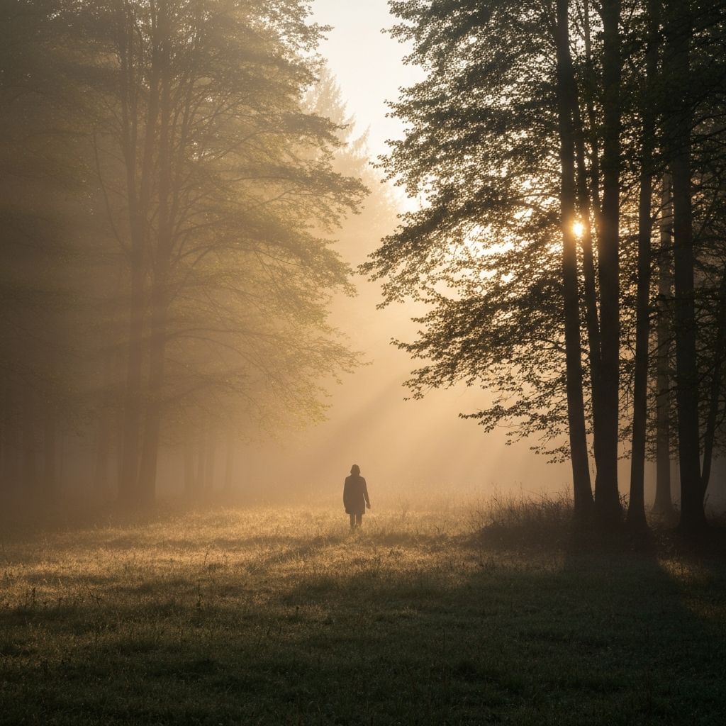 Misty forest with soft morning light